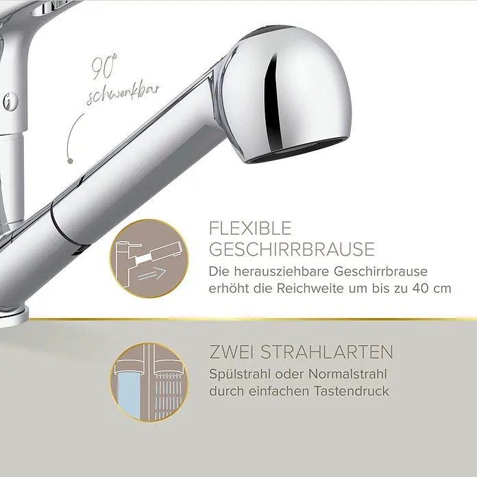 Lenz Spültischarmatur Kela - Hochdruck, Chrom, Glänzend, Mit Handbrause - Verchromte Küchenarmatur mit ausziehbarer Geschirrbrause, 90° schwenkbar und zwei Strahlarten.