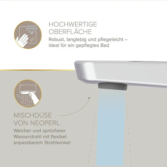 Lenz Waschtischarmatur Inoa - Chrom, Glänzend - Ein Wasserhahn mit hochwertiger, pflegeleichter Oberfläche und einem Neoperl-Mischdüsen-Strahlregler für einen weichen, spritzfreien und anpassbaren Wasserstrahl.