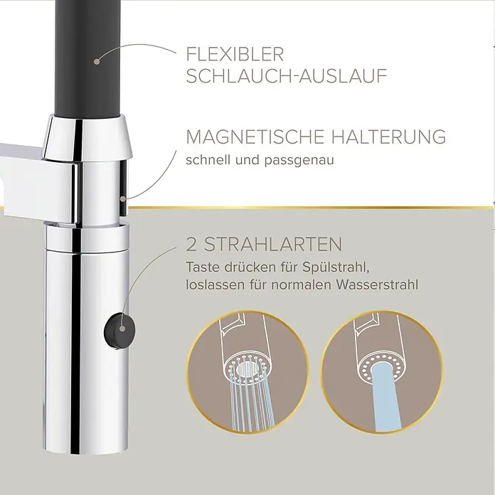 Lenz Spültischarmatur Nalu - Chrom/Schwarz, Glänzend - Verchromte Küchenarmatur mit flexiblem, dunkelgrauem Schlauch-Auslauf, magnetischer Halterung und zwei Strahlarten.