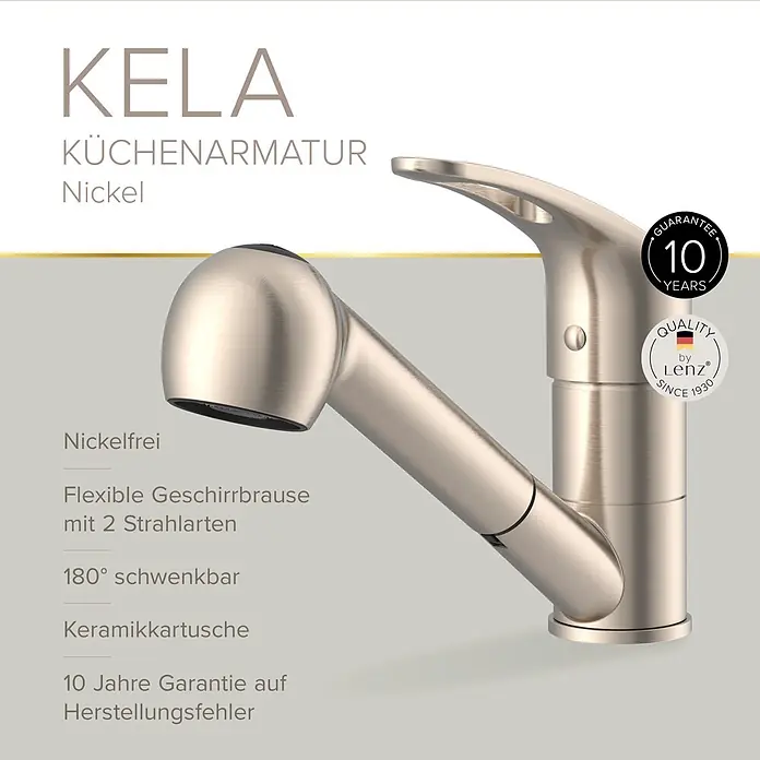 Lenz Spültischarmatur Kela - Hochdruck, Nickel, Matt, Mit Handbrause - KELA Küchenarmatur aus Nickel, mit ausziehbarer Spülbrause und 2 Strahlarten.