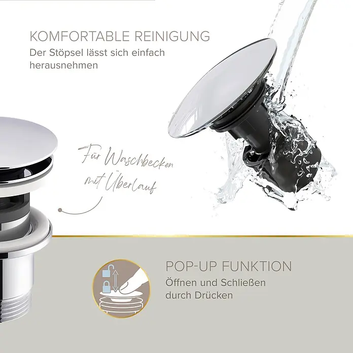 Lenz Waschtischarmatur Inoa - Chrom, Glänzend - Chromfarbener Pop-up-Ablaufstöpsel mit abnehmbarem Oberteil zur einfachen Reinigung. Mit Druckfunktion, geeignet für Waschbecken mit Überlauf.
