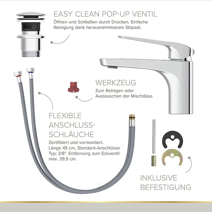 Lenz Waschtischarmatur Inoa - Chrom, Glänzend - Verchromter Wasserhahn mit Ablaufgarnitur, flexiblen Anschlussschläuchen, Werkzeug und Befestigung.