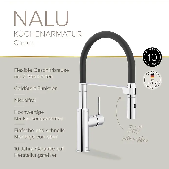 Lenz Spültischarmatur Nalu - Chrom/Schwarz, Glänzend - Verchromte Küchenarmatur mit schwarzem flexiblem Brauseschlauch und Einhebelmischer, 360 Grad schwenkbar.