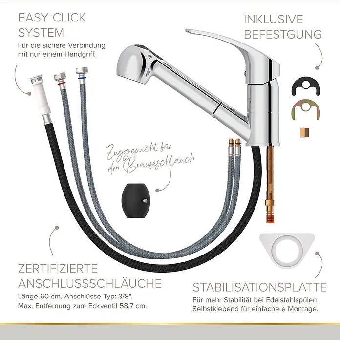 Lenz Spültischarmatur Kela - Hochdruck, Chrom, Glänzend, Mit Handbrause - Verchromte Küchenarmatur mit Ausziehbrause, Anschlussschläuchen und Montagezubehör.