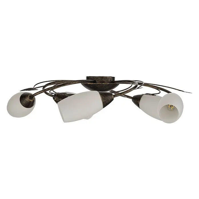 Lindby Deckenleuchte Stefania - L x B x H: 58 x 58 x 12 cm, braun / rost, E14 - Deckenleuchte mit antikem Messinggestell und fünf mattweißen Glasschirmen.