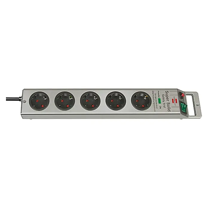 Brennenstuhl Super-Solid Steckdosenleiste - Anzahl Steckdosen Schuko: 5 Stk., Silber, Kabellänge: 2,5 m, IP20, Mit Schalter - Eine silberfarbene Super Solid Mehrfachsteckdose mit fünf Steckplätzen und einem Schalter am Ende.