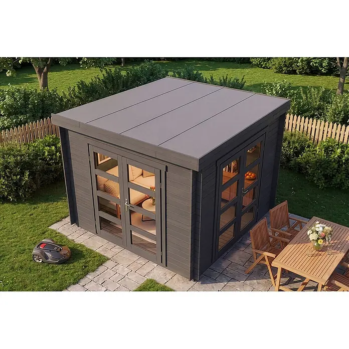 Alpholz Gartenhaus Paloma Beach 28mm Wandstärke - Außenmaß inkl. Dachüberstand (B x T): 298 x 298 cm, Holz, Anthrazitgrau - Moderne, dunkelgraue Gartenhütte mit Flachdach und großen Glastüren auf einer Terrasse.