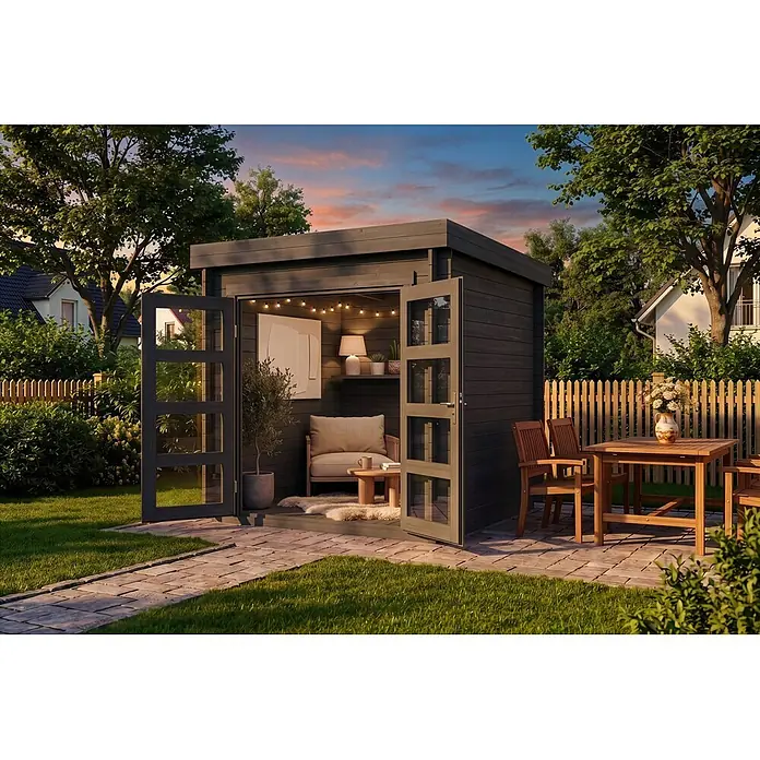 Alpholz Gartenhaus ECO Set Paloma Petit grau 28mm Wandstärke - Außenmaß inkl. Dachüberstand (B x T): 230 x 230 cm, Holz, Grau - Dunkelgraues Gartenhaus mit offenen Glastüren, das einen gemütlichen Innenraum mit Sitzgelegenheiten und eine Terrasse mit Holz-Esstisch zeigt.