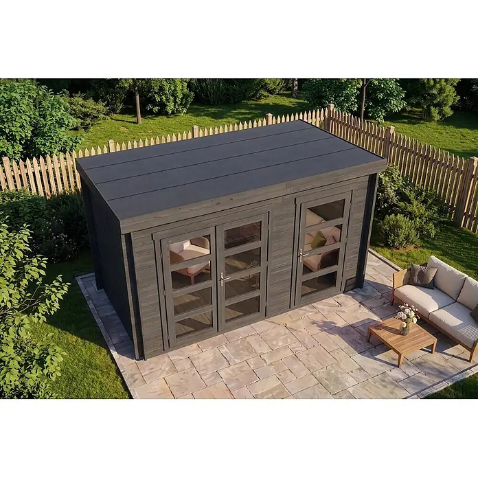 Alpholz Gartenhaus Paloma Grande 28mm Wandstärke - Außenmaß inkl. Dachüberstand (B x T): 398 x 230 cm, Holz, Anthrazitgrau - Dunkelgraues Holz-Gartenzimmer mit Flachdach und Glastüren, auf einer Terrasse mit Sitzgelegenheiten.