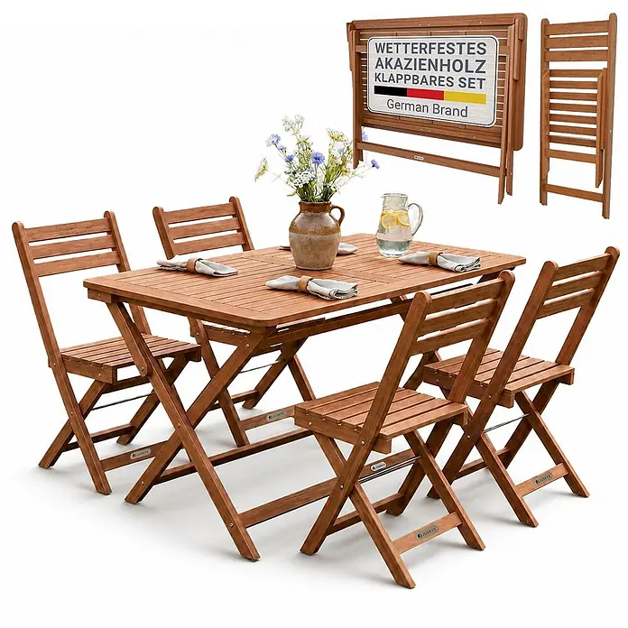 Juskys Gartentisch-Set Rimini - Gesamtumfang: 5 -tlg., L x B x H: 42 x 120 x 91 cm, Akazienholz, Klappbar - Wetterfestes, klappbares Gartenmöbelset aus Akazienholz: ein Tisch und vier Stühle, zusammengeklappte Versionen gezeigt.