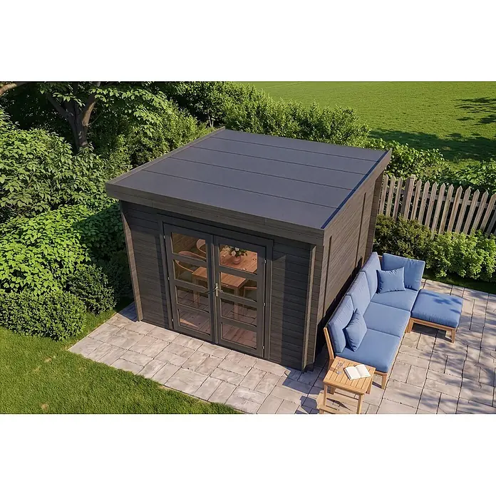 Alpholz Gartenhaus Paloma Sol 28mm Wandstärke - Außenmaß inkl. Dachüberstand (B x T): 298 x 298 cm, Holz, Anthrazitgrau - Dunkelgraues Gartenhaus mit Flachdach und Glastüren, in einer Gartenumgebung mit Sitzmöbeln.