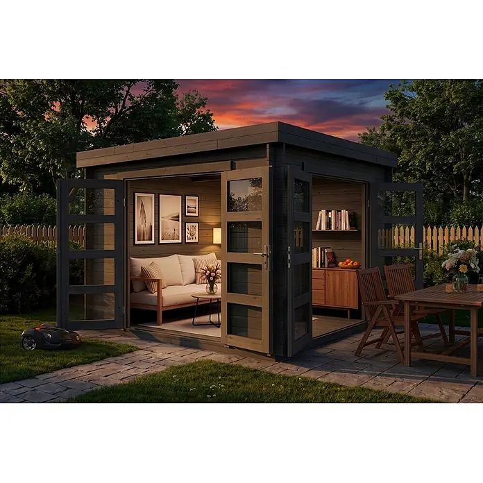 Alpholz Gartenhaus ECO Set Paloma Beach grau 28mm Wandstärke - Außenmaß inkl. Dachüberstand (B x T): 298 x 298 cm, Holz, Grau - Dunkelgraues Gartenhaus aus Holz mit offenen Türen, als Outdoor-Lounge und Büro im Garten genutzt.