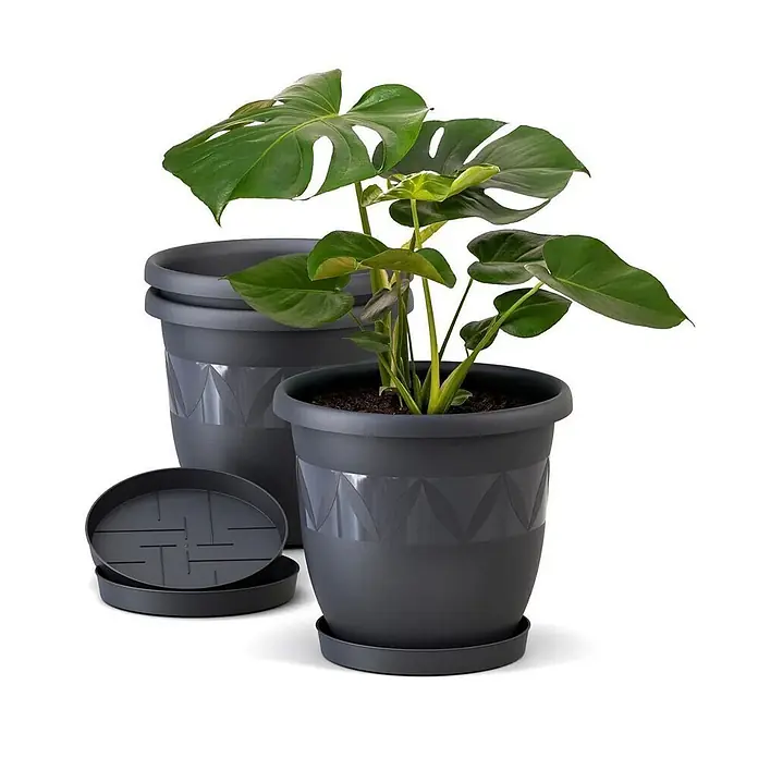 Plastard Pflanztopf Capri 3er Set mit Untersetzer in Anthrazit – Blumentopf - Außenmaß (Ø x H): 35 x 30 cm, Kunststoff, Anthrazit - Zwei dunkelgraue Plastik-Pflanzentöpfe mit geometrischer Textur und passenden Untersetzern, einer mit einer grünen Monstera-Pflanze. Zwei zusätzliche Untersetzer liegen daneben.