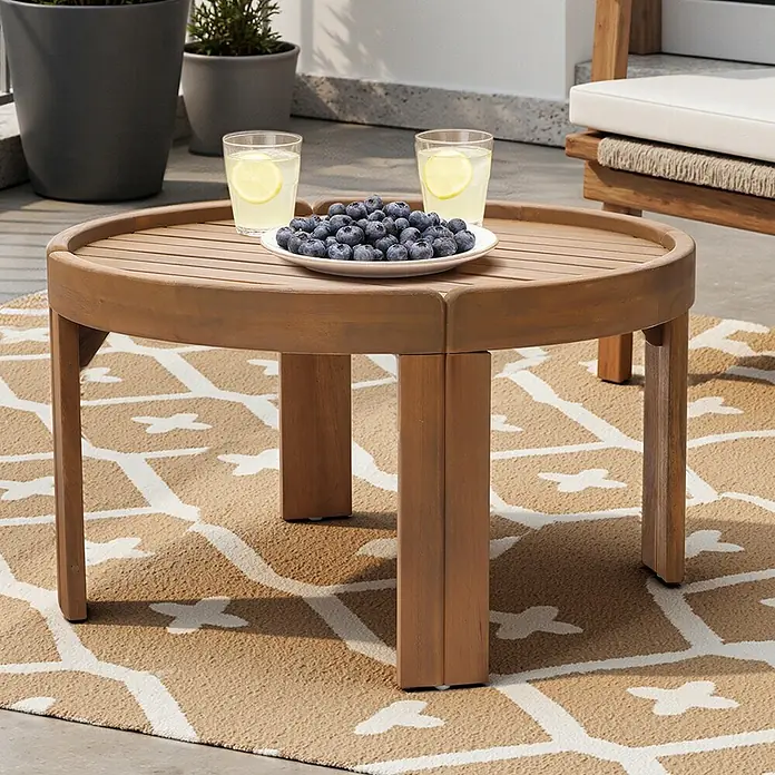 Hometopia Gartentisch rund Toscana - Ø x H: 70 x 40 cm, Akazienholz, Natur - Runder Outdoor-Couchtisch aus Holz auf gemustertem Teppich, serviert Blaubeeren und Limonade auf einer Terrasse.