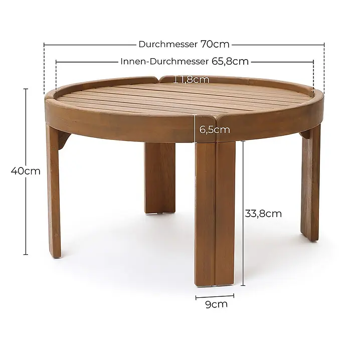 Hometopia Gartentisch rund Toscana - Ø x H: 70 x 40 cm, Akazienholz, Natur - Runder brauner Holztisch mit Lattenplatte für den Außenbereich.