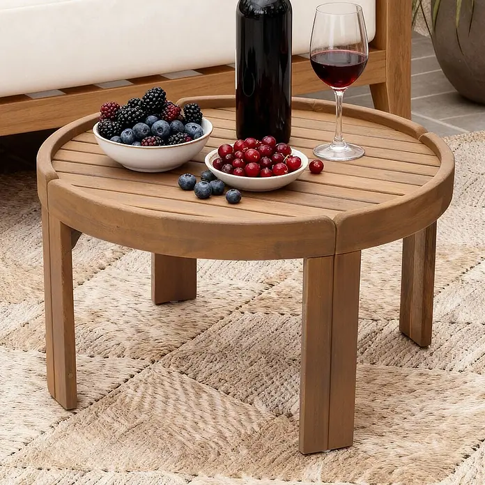 Hometopia Gartentisch rund Toscana - Ø x H: 70 x 40 cm, Akazienholz, Natur - Ein runder brauner Holz-Beistelltisch für draußen mit Lamellenplatte und drei Beinen, der Getränke und Beeren auf einem Teppich hält.