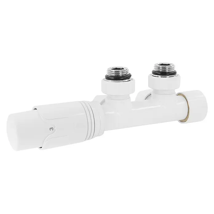 LuxeBath Thermostatventil Ventilhahnblock Weiß Eckform + Thermostatkopf - Eckventil - Weißes Thermostat-Heizkörperventil mit Chromanschlüssen für Heizsysteme.