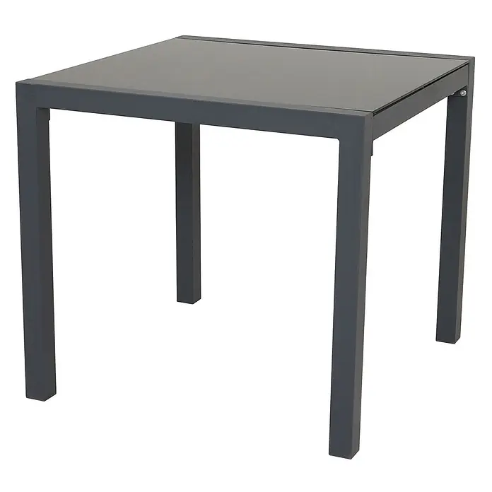 SVITA Gartenmöbel-Set - 5 -tlg., Textilene, gehärtetes Sicherheitsglas (5 mm), pulverbeschichtetes Aluminium, Rückenlehne verstellbar, Anthrazit - Dunkelgrauer, quadratischer Tisch mit Metallrahmen und dunkler Glasplatte.