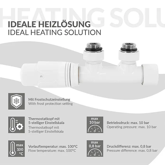 LuxeBath Thermostatventil Ventilhahnblock Weiß Eckform + Thermostatkopf - Eckventil - Weißes Heizungsthermostatventil mit Rohranschlüssen.