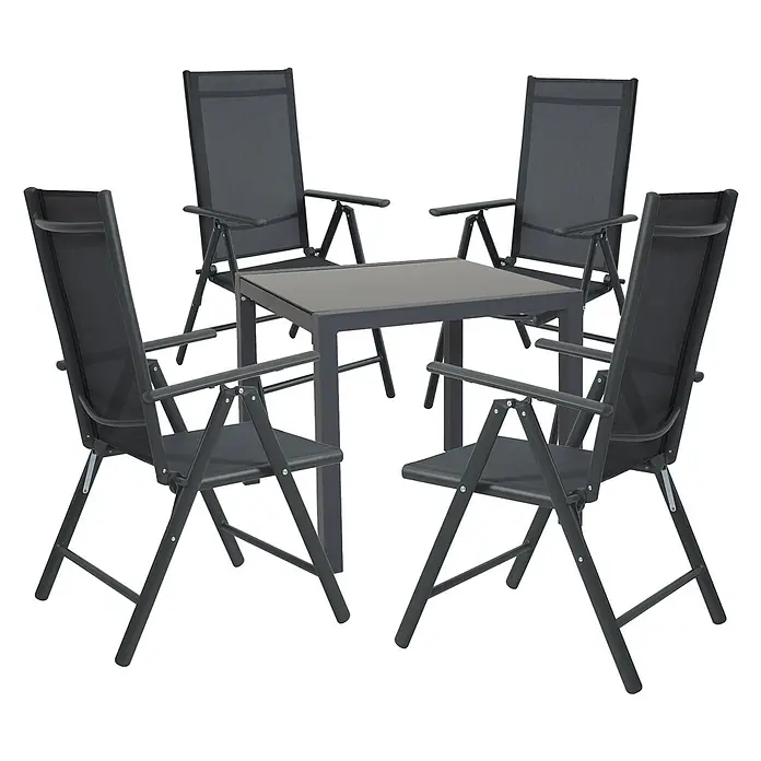 SVITA Gartenmöbel-Set - 5 -tlg., Textilene, gehärtetes Sicherheitsglas (5 mm), pulverbeschichtetes Aluminium, Rückenlehne verstellbar, Anthrazit - Dunkelgraue Outdoor-Essgruppe mit einem Tisch und vier klappbaren Stühlen aus Metallrahmen und Textilgewebe.