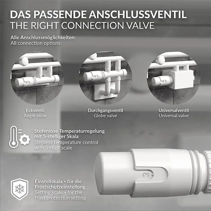LuxeBath Thermostatventil Ventilhahnblock Weiß Eckform + Thermostatkopf - Eckventil - Weiße Anschlussventile für Heizkörper in verschiedenen Ausführungen mit Temperaturregelung und Frostschutzfunktion.