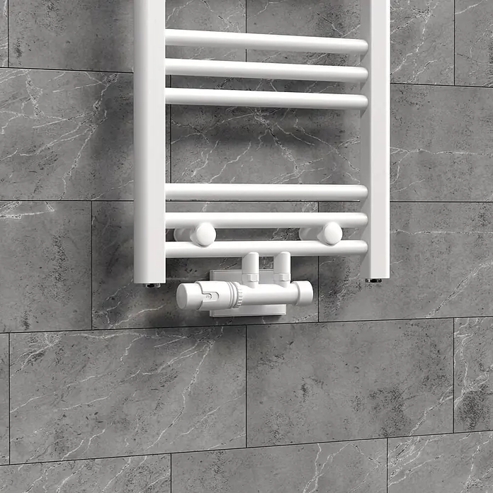 LuxeBath Thermostatventil Ventilhahnblock Weiß Eckform + Thermostatkopf - Eckventil - Weißer elektrischer Handtuchheizkörper mit Thermostat-Heizelement.