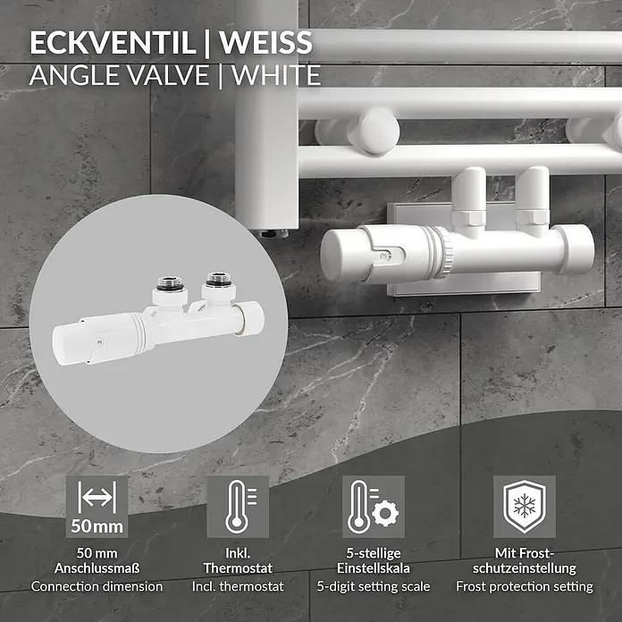LuxeBath Thermostatventil Ventilhahnblock Weiß Eckform + Thermostatkopf - Eckventil - Weißes Eckventil mit integriertem Thermostat für Heizkörper, 5-stelliger Skala und Frostschutz. 50mm Anschlussmaß.