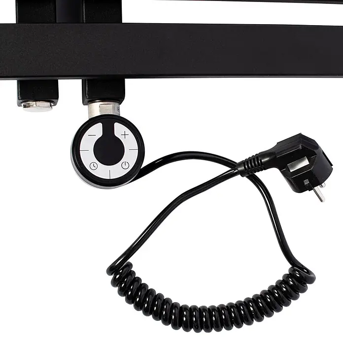 Interpromo Elektro-Badheizkörper Ignis 60x180cm - Schwarz Matt 1000 W inkl. Heizstab - Ausstattung Heizkörper: Blindstopfen - Schwarzes elektrisches Heizelement mit digitalem Bedienfeld und spiralförmigem Stromkabel mit Schuko-Stecker.