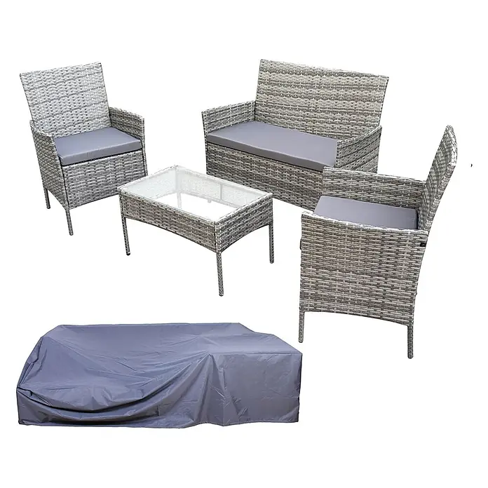 SVITA Loungemöbel-Set BROOKLYN - 4 -tlg., Pulverbeschichteter Stahl, Polyrattan, Einzeln stellbar, Grau - Graues Rattan-Gartenmöbel-Set mit zwei Stühlen, einem Sofa, einem Glastisch und einer Schutzhülle.