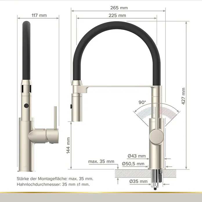 Lenz Spültischarmatur Nalu - Nickel/Schwarz, Matt - Moderne Küchenarmatur aus gebürstetem Metall mit schwarzem flexiblen Schlauch und Ausziehbrause, detaillierte Maßangaben.