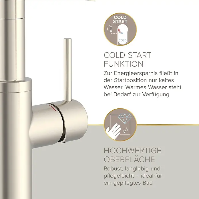 Lenz Spültischarmatur Nalu - Nickel/Schwarz, Matt - Gebürstete Metallarmatur mit Cold-Start-Funktion zur Energieeinsparung und robuster, pflegeleichter Oberfläche.