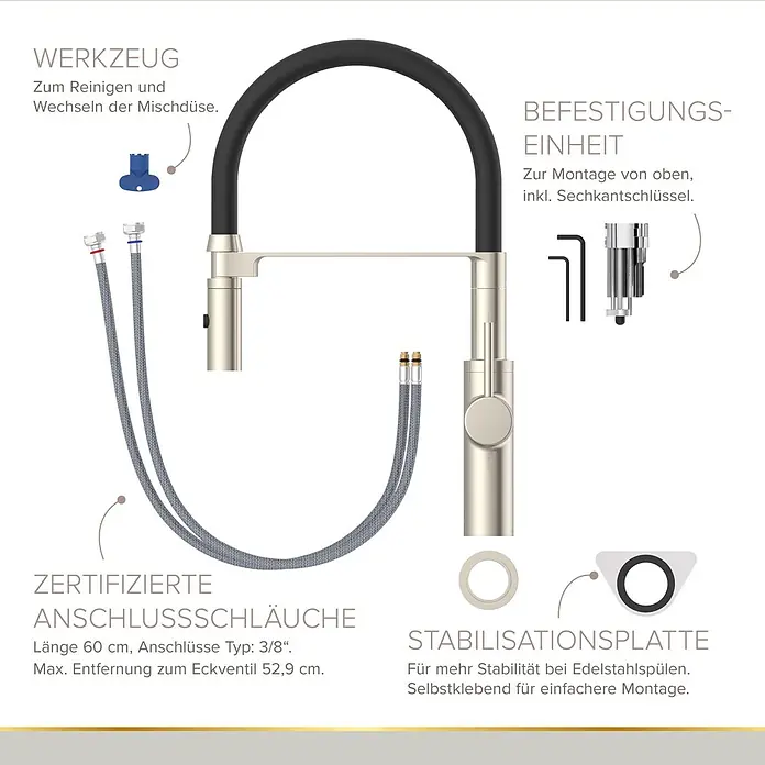 Lenz Spültischarmatur Nalu - Nickel/Schwarz, Matt - Küchenarmatur aus gebürstetem Edelstahl mit schwarzem Auszugsschlauch, Zuleitungsschläuchen, Werkzeug, Befestigungseinheit und Stabilisationsplatte.