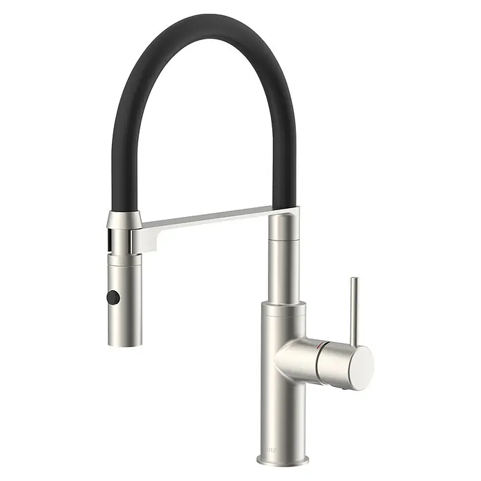 Lenz Spültischarmatur Nalu - Nickel/Schwarz, Matt - Moderne Küchenarmatur aus gebürstetem Edelstahl mit schwarzem flexiblem Ausziehbrausekopf.