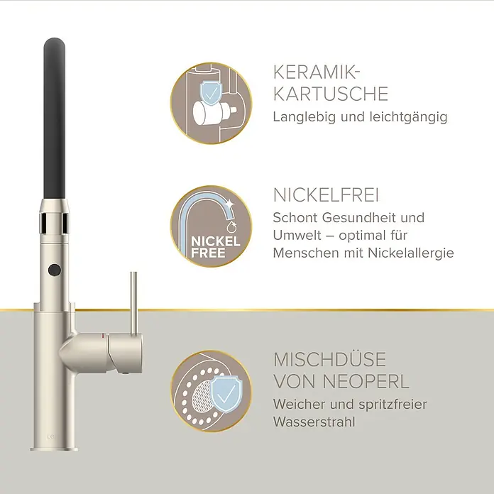 Lenz Spültischarmatur Nalu - Nickel/Schwarz, Matt - Moderne Lenz Einhebel-Küchenarmatur, gebürstetes Metall mit schwarzer Ausziehbrause. Keramikkartusche, nickelfrei, Neoperl Mischdüse.