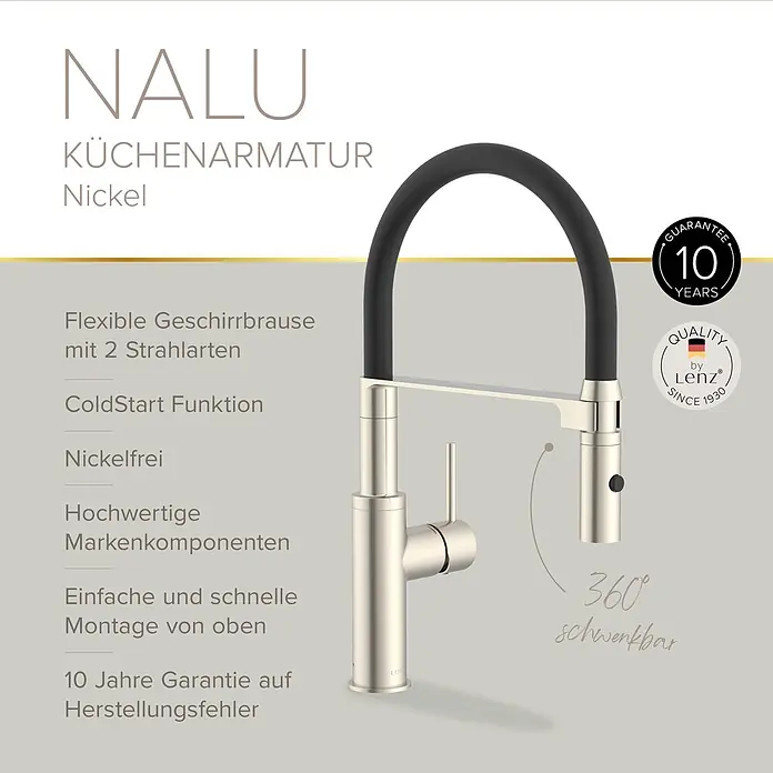 Lenz Spültischarmatur Nalu - Nickel/Schwarz, Matt - Nickel Küchenarmatur mit schwarzem flexiblem Schlauch.