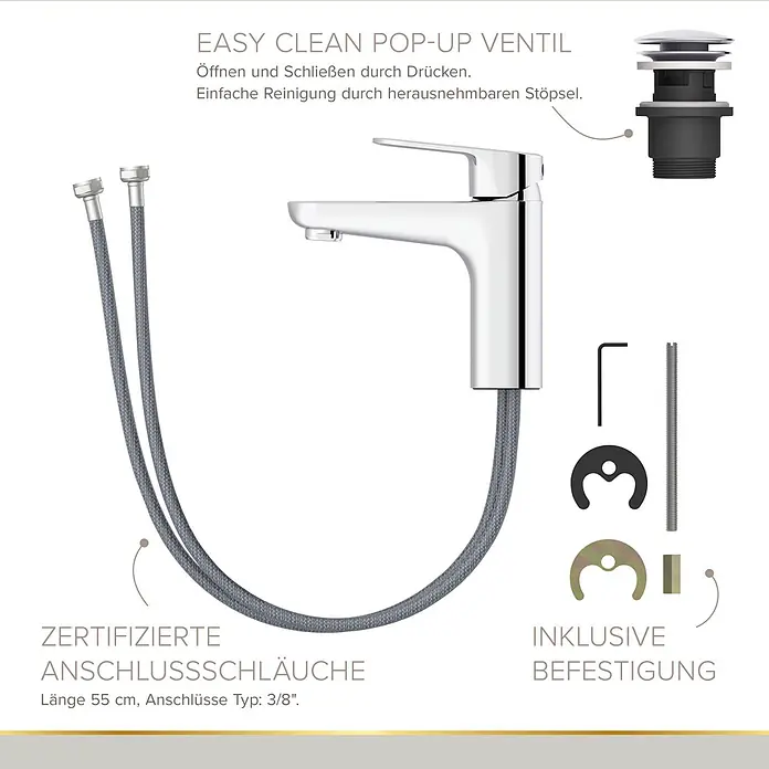 Lenz Waschtischarmatur Nani -  - Verchromter Wasserhahn mit geflochtenen Anschlussschläuchen (55cm, 3/8"), Pop-up-Ventil (herausnehmbarer Stöpsel) und Befestigungsmaterial.