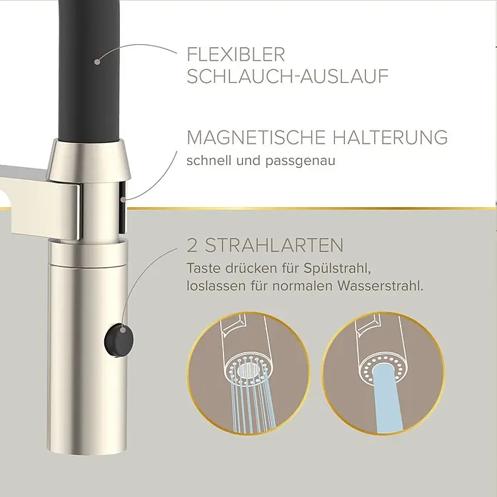 Lenz Spültischarmatur Nalu - Nickel/Schwarz, Matt - Gebürsteter Nickel-Wasserhahn mit schwarzem, flexiblem Schlauch und magnetischer Halterung. Zwei Strahlarten per Knopfdruck.