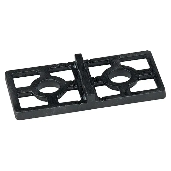 Distanz-Abstandshalter - 50 Stk., L x B: 8 x 4 cm - Schwarzes Kunststoffteil mit Löchern und rechteckigen Aussparungen, verbunden durch einen Mittelsteg.