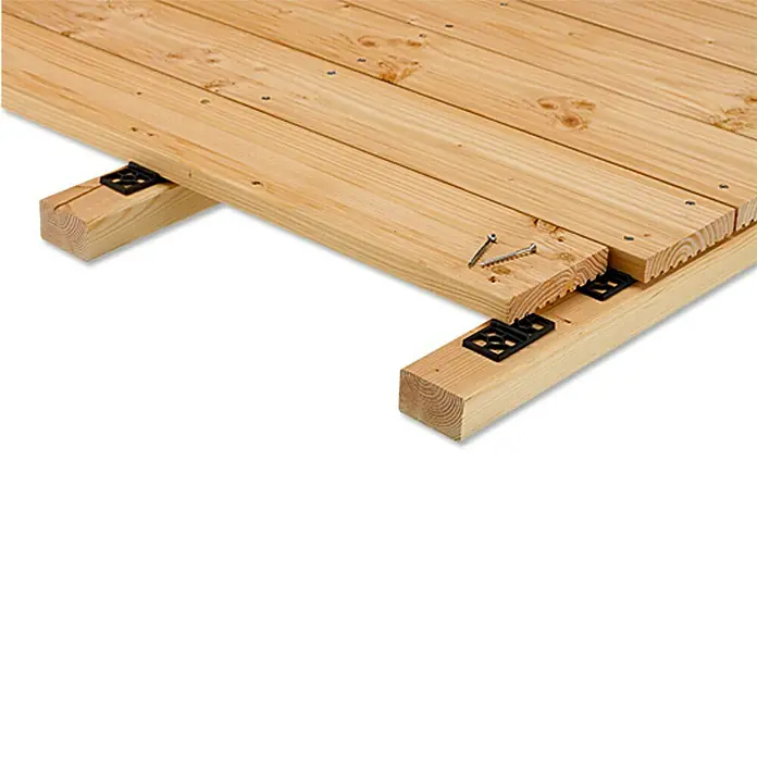Distanz-Abstandshalter - 50 Stk., L x B: 8 x 4 cm - Detailaufnahme einer modularen Holzterrasse mit Unterkonstruktion und Montageclips für eine einfache Installation.
