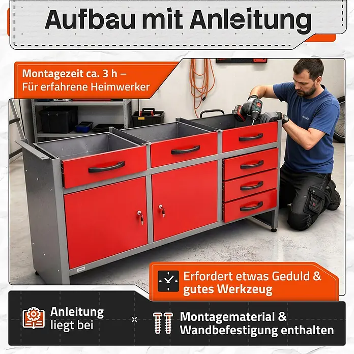 Ondis24 Werkbank-Set - L x B: 160 x 60 cm, Arbeitshöhe: 850 mm, Metall - Mann montiert eine rote und graue Werkbank mit Schubladen und Türen. Aufbauanleitung und Montagematerial sind enthalten.