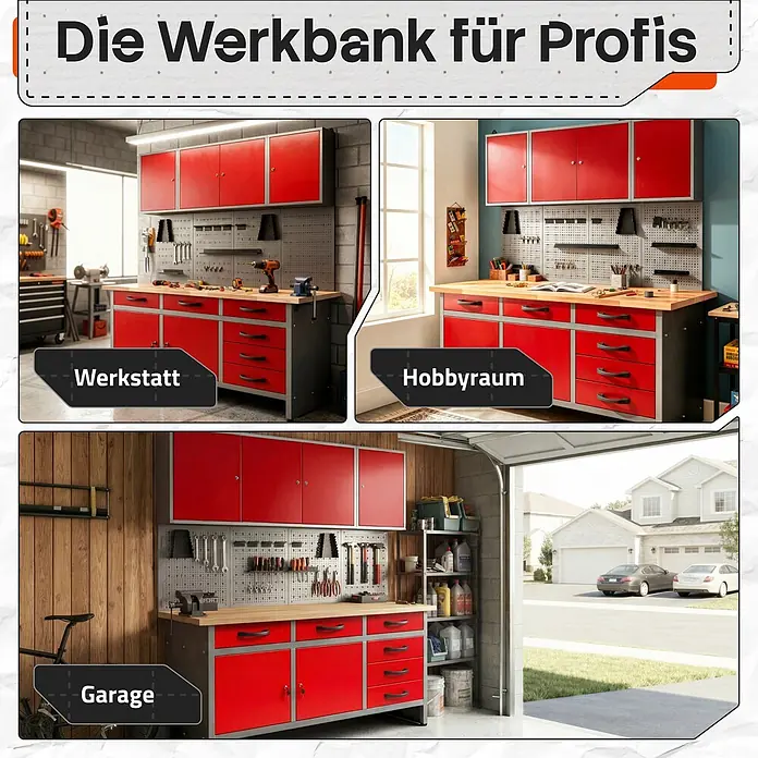 Ondis24 Werkbank-Set - L x B: 160 x 60 cm, Arbeitshöhe: 850 mm, Metall - Modulares Werkbank-System mit roten Schränken und grauen Rahmen, gezeigt in Werkstatt, Hobbyraum und Garage.