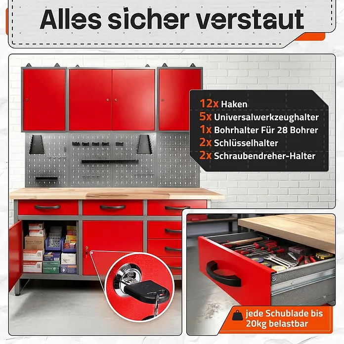 Ondis24 Werkbank-Set - L x B: 160 x 60 cm, Arbeitshöhe: 850 mm, Metall - Rotes und graues Werkbank-System mit abschließbaren Schränken, Schubladen und einer Lochwand. Ideal zur sicheren Werkzeugaufbewahrung.