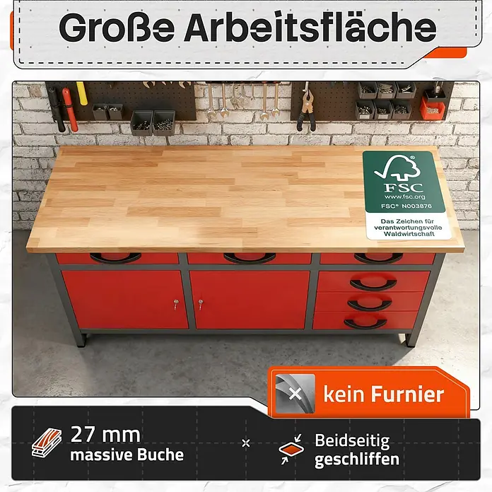 Ondis24 Werkbank-Set - L x B: 160 x 60 cm, Arbeitshöhe: 850 mm, Metall - Werkbank mit massiver 27 mm Buchenholz-Arbeitsplatte, roten Schränken und Schubladen, FSC-zertifiziert und beidseitig geschliffen.