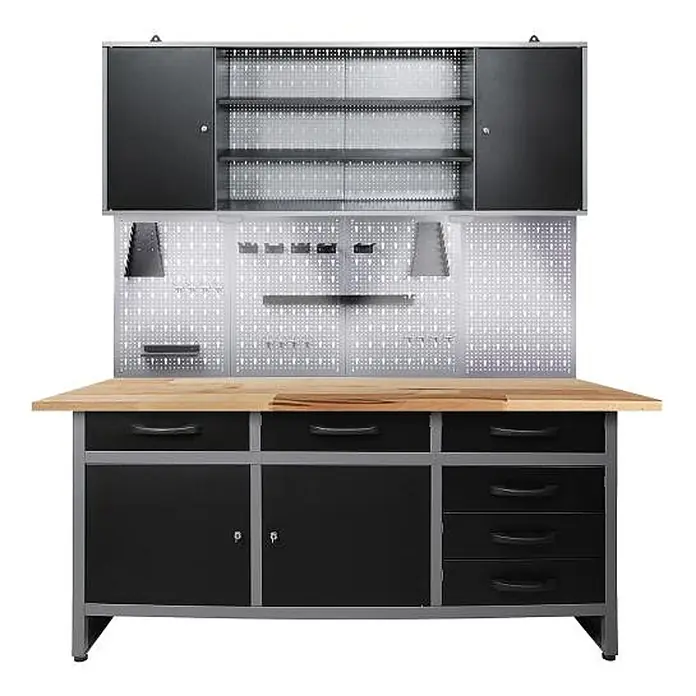 Ondis24 Werkbank-Set - L x B: 160 x 60 cm, Arbeitshöhe: 850 mm, Metall - Schwarz-silberne Metall-Werkbank mit Holzplatte, Ober- und Unterschränken sowie einer Lochwand.