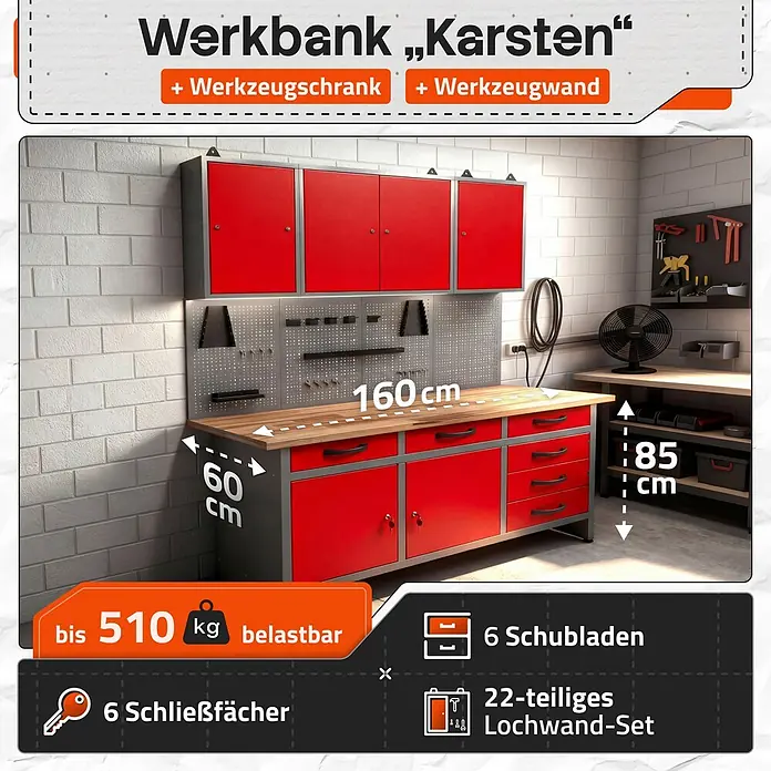 Ondis24 Werkbank-Set - L x B: 160 x 60 cm, Arbeitshöhe: 850 mm, Metall