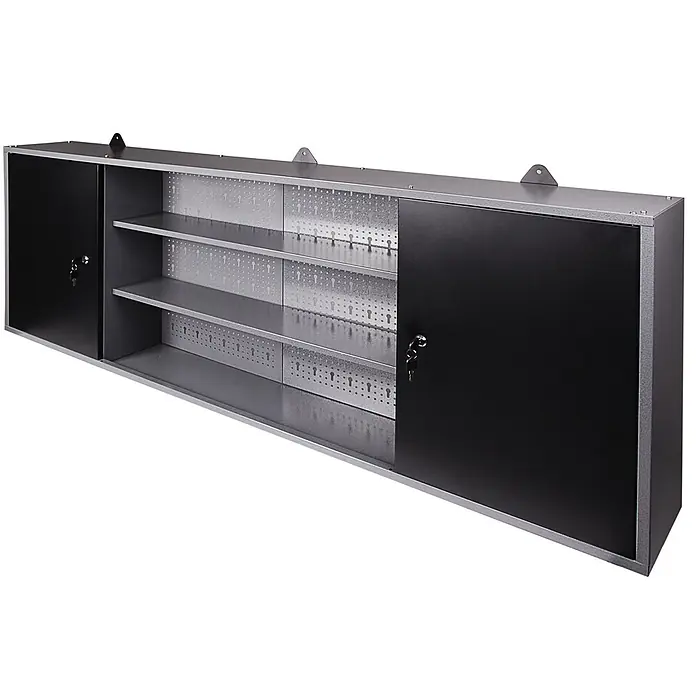 Ondis24 Werkbank-Set - L x B: 160 x 60 cm, Arbeitshöhe: 850 mm, Metall - Grau-schwarzer Wand-Werkzeugschrank aus Metall mit Schiebetüren, Regalböden und gelochter Rückwand.