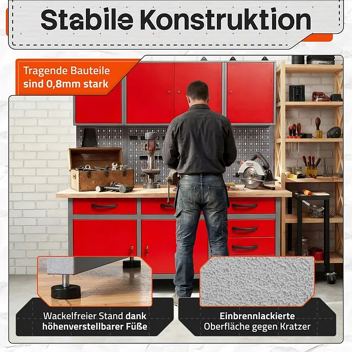 Ondis24 Werkbank-Set - L x B: 160 x 60 cm, Arbeitshöhe: 850 mm, Metall - Stabile rote und graue Werkbank mit 0,8 mm starken Bauteilen, höhenverstellbaren Füßen und kratzfester Oberfläche.
