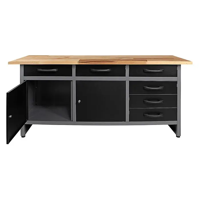 Ondis24 Werkbank-Set - L x B: 160 x 60 cm, Arbeitshöhe: 850 mm, Metall - Werkbank mit Holzplatte, grauem Rahmen, schwarzen Schubladen, einem offenen und einem verschlossenen Schrank.