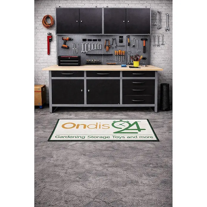 Ondis24 Werkbank-Set - L x B: 160 x 60 cm, Arbeitshöhe: 850 mm, Metall - Schwarz-graues Werkstattschrank-System mit Oberschränken, Lochwand und Schubladen, mit organisiertem Werkzeug.