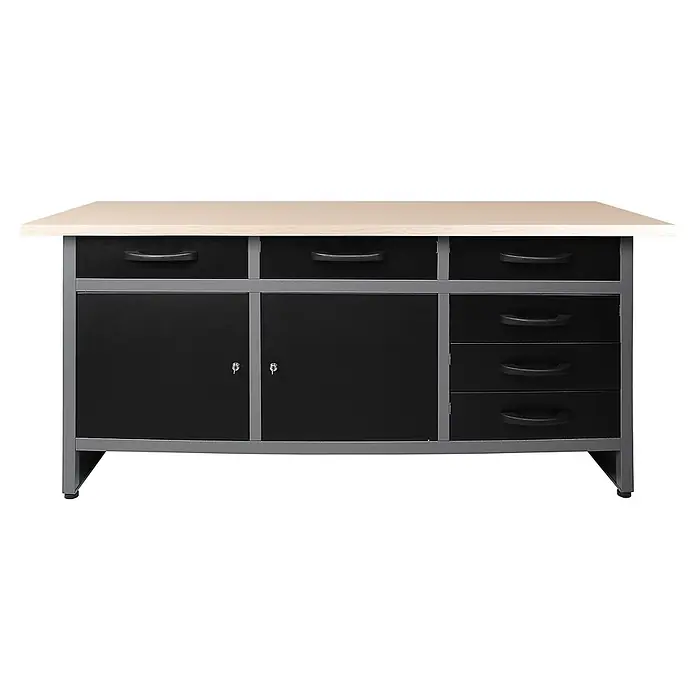 Ondis24 Werkbank-Set - L x B: 160 x 60 cm, Arbeitshöhe: 850 mm, Metall - Werkbank mit heller Holzplatte, dunkelgrauem Metallrahmen und schwarzem Stauraum, inkl. 6 Schubladen und 2 abschließbaren Schränken.